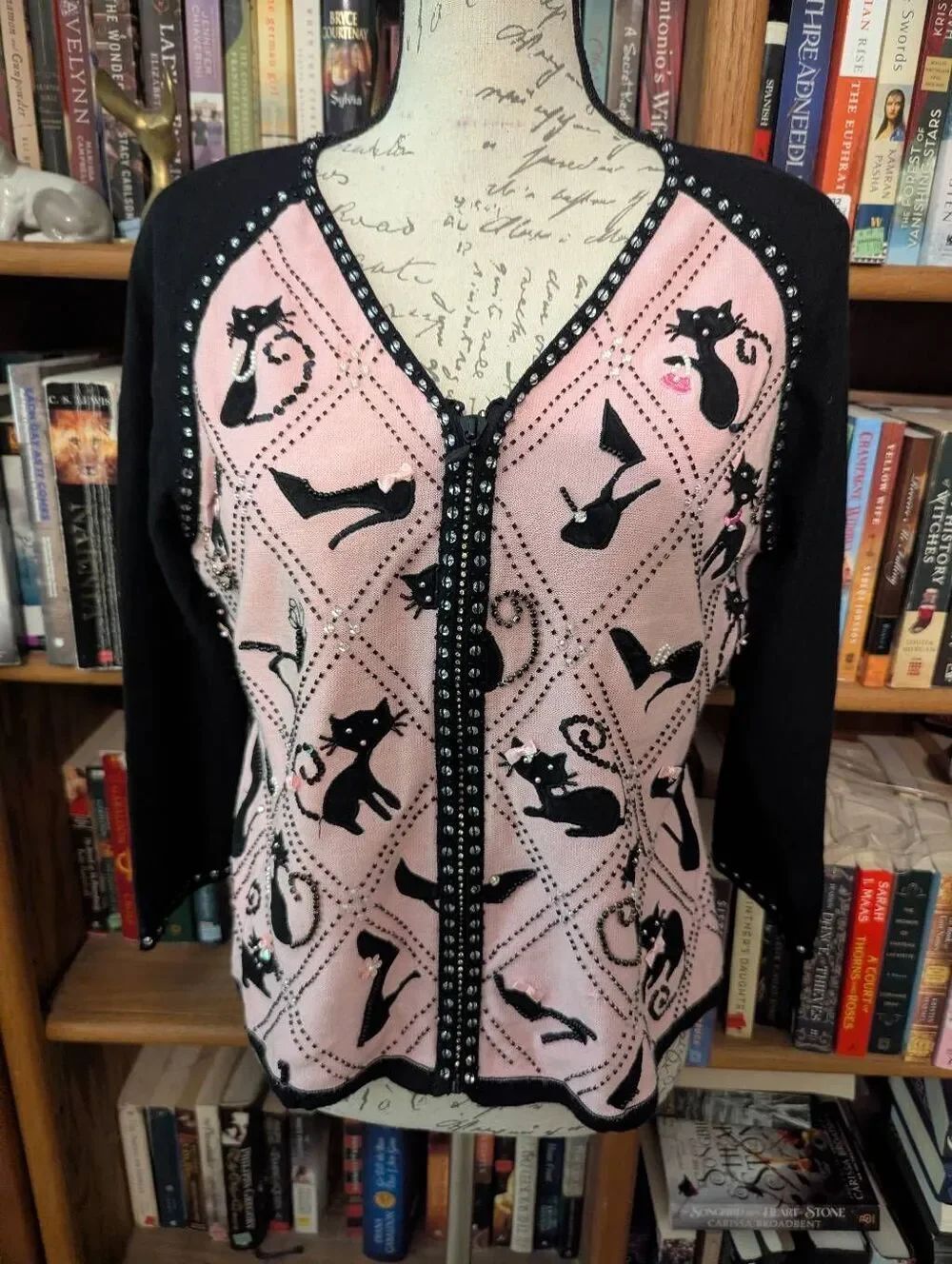 VTG Collective Works of Berek Takako Sakon Beaded Sweater Size L Pink Black